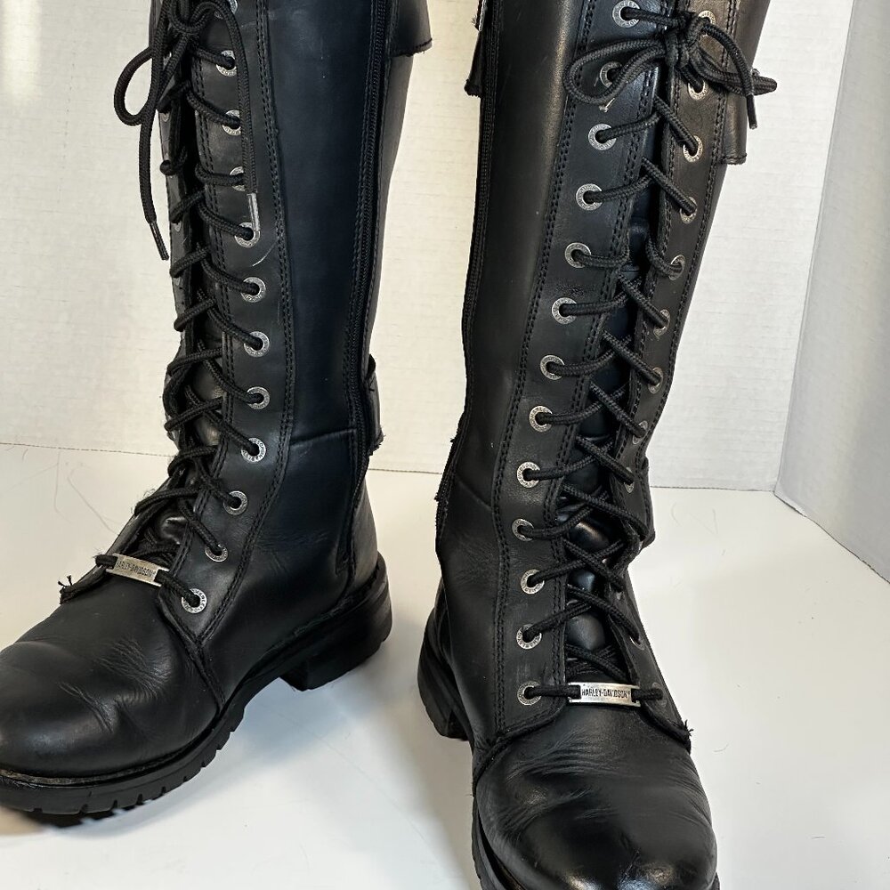 Harley-Davidson Black Leather Lace-Up Buckle Heeled Motorcycle Boots - Picture 9 of 16